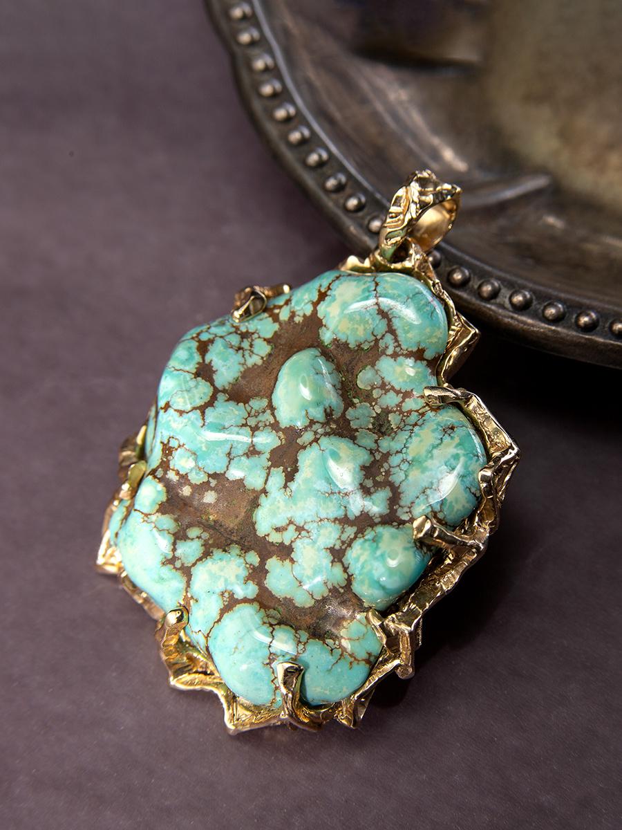 Artisan Turquoise nugget gold pendant Large Gem Necklace Green blue stone For Sale