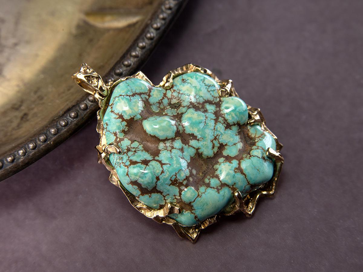 Turquoise nugget gold pendant Large Gem Necklace Green blue stone For Sale 9