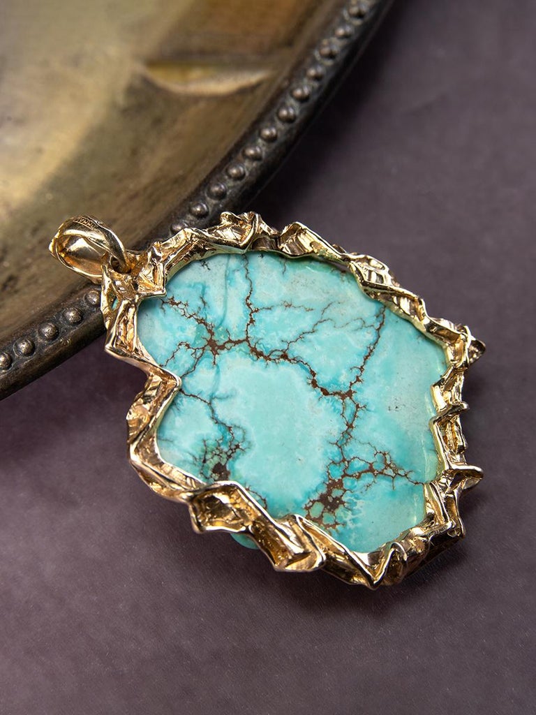 Turquoise nugget gold pendant Large Gem Necklace Green blue stone For Sale  at 1stDibs | green turquoise gemstone