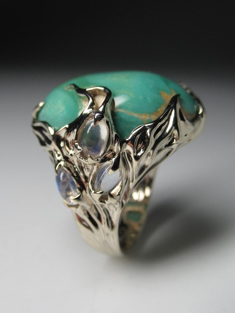 Turquoise Gold Ring with Moonstones Forest Fairy Seafoam Green Natural Gemstones For Sale 8