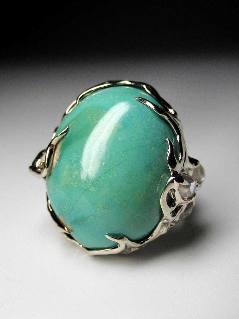 Art Nouveau Turquoise Gold Ring with Moonstones Forest Fairy Seafoam Green Natural Gemstones For Sale