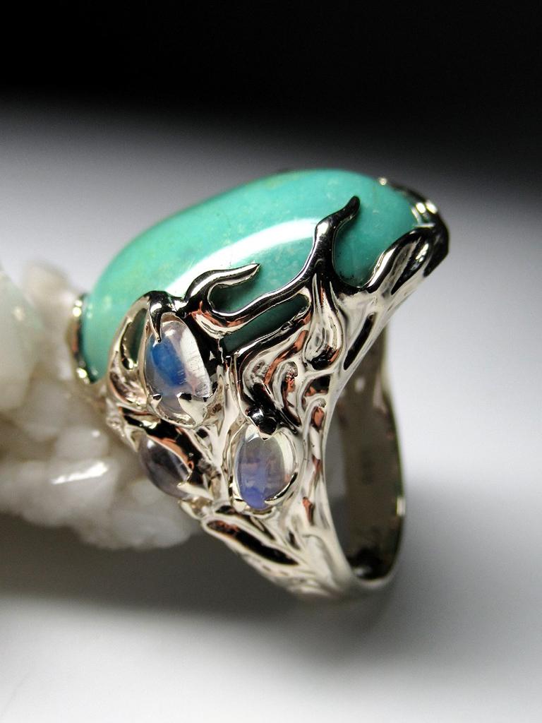 Cabochon Turquoise Gold Ring with Moonstones Forest Fairy Seafoam Green Natural Gemstones For Sale