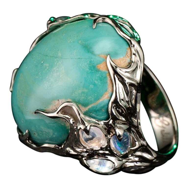 Anello in oro turchese con pietre lunari Fata della Foresta Gemme naturali verde acqua in vendita
