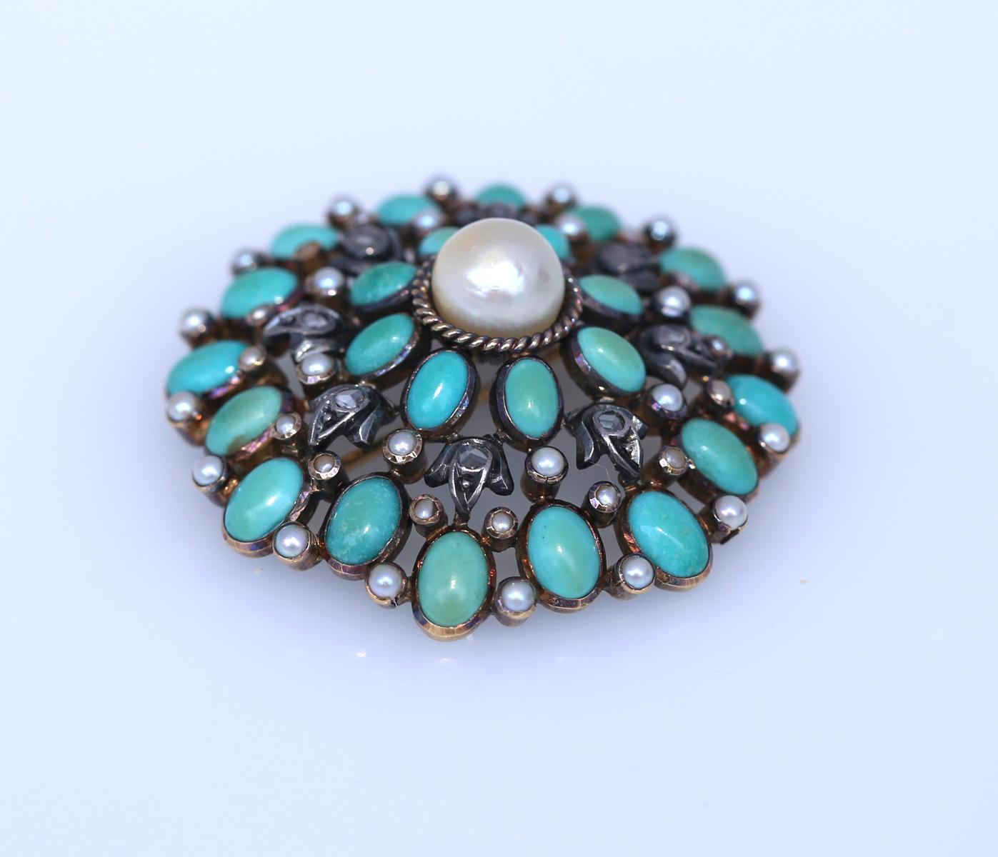 Turquoise with Old-cut Diamonds and Pearls Brooch. Cast in Gold and Silver. A massive colourful and stylish brooch from the great land of Portugal.

Once it was common to communicate a message via pin or brooch. Nowadays this art is lost, but we can