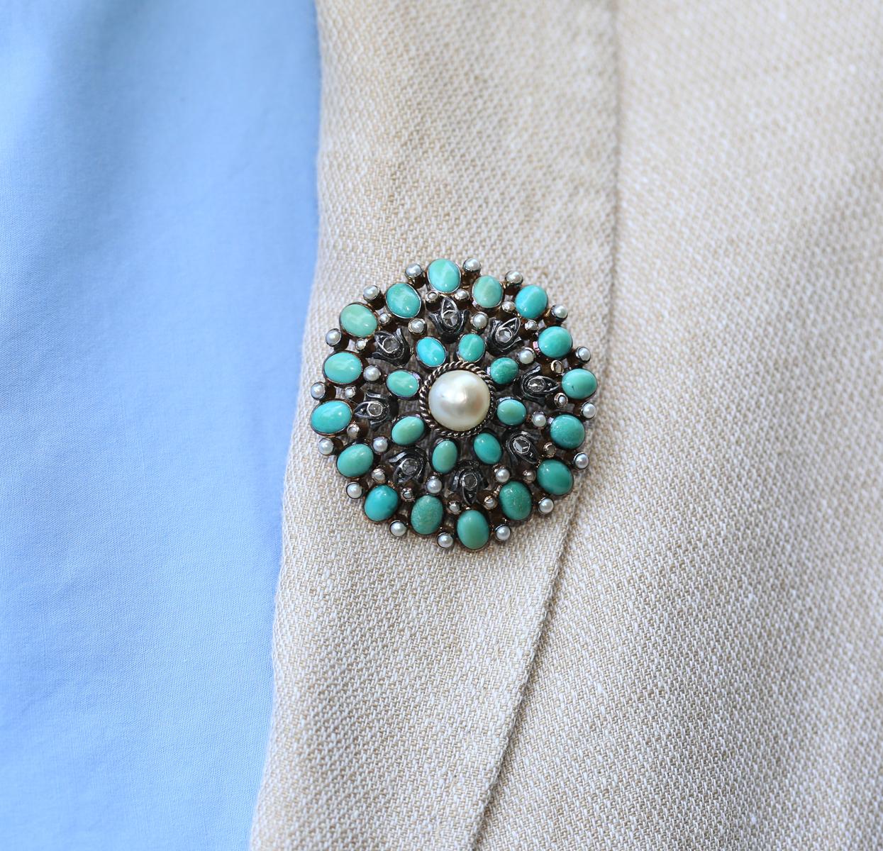 Oval Cut Brooch Turquoise Gold Silver Diamonds Pearl Portugal, 1940