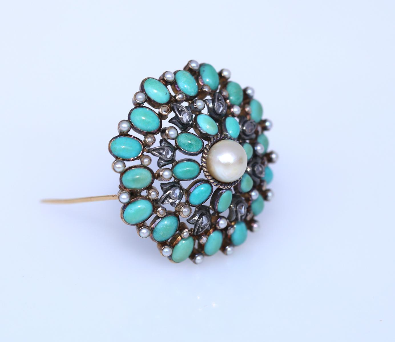 Brooch Turquoise Gold Silver Diamonds Pearl Portugal, 1940 In Good Condition In Herzelia, Tel Aviv