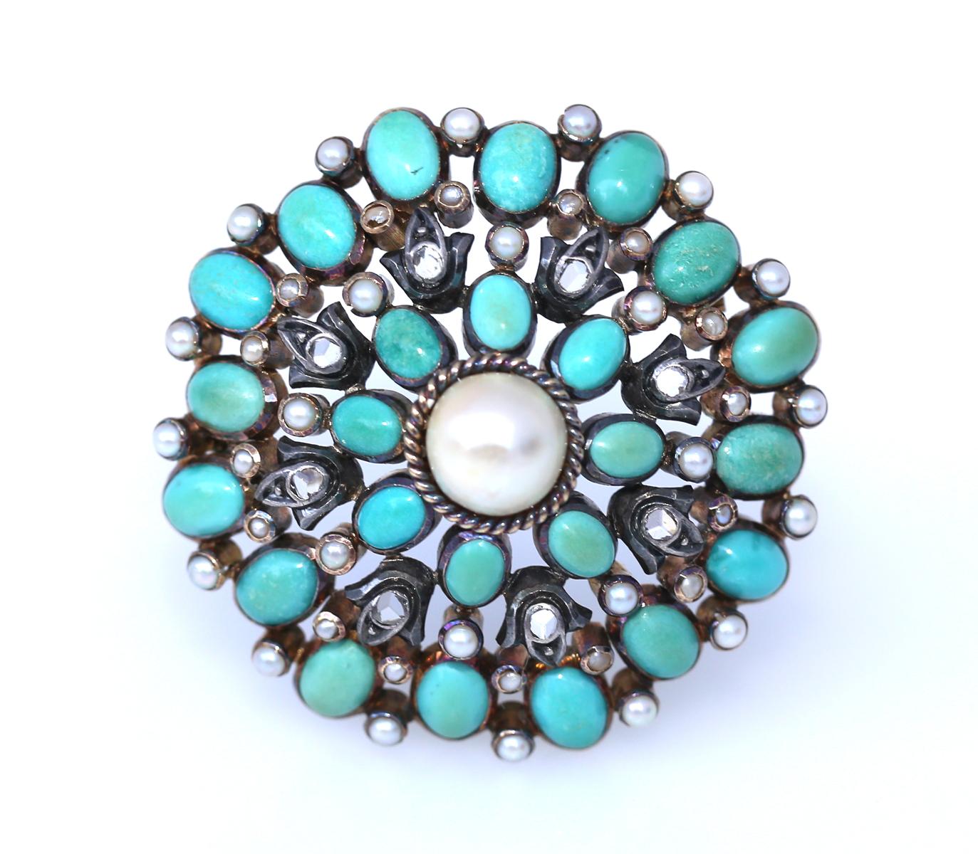 Women's or Men's Brooch Turquoise Gold Silver Diamonds Pearl Portugal, 1940