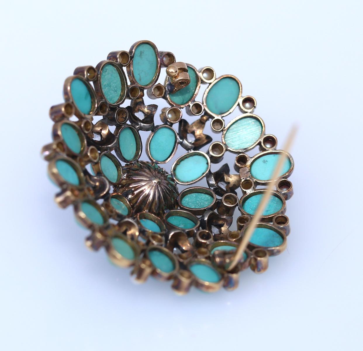 Brooch Turquoise Gold Silver Diamonds Pearl Portugal, 1940 1