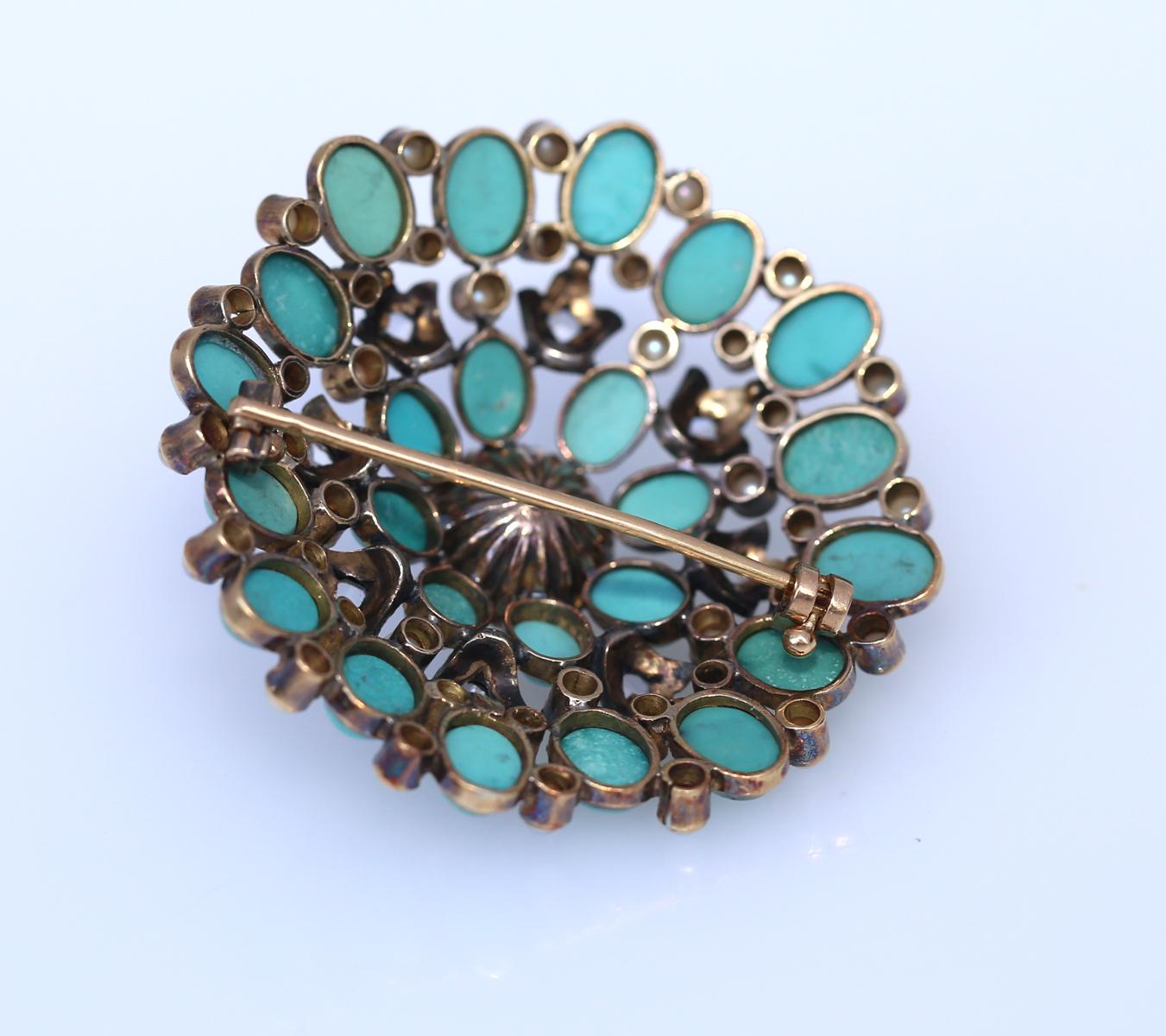 Brooch Turquoise Gold Silver Diamonds Pearl Portugal, 1940 3