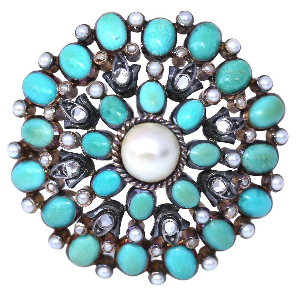 Brooch Turquoise Gold Silver Diamonds Pearl Portugal, 1940