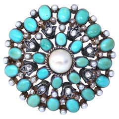 Brooch Turquoise Gold Silver Diamonds Pearl Portugal, 1940
