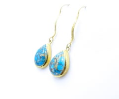 Turquoise & Gold Tone Long Drop Earrings