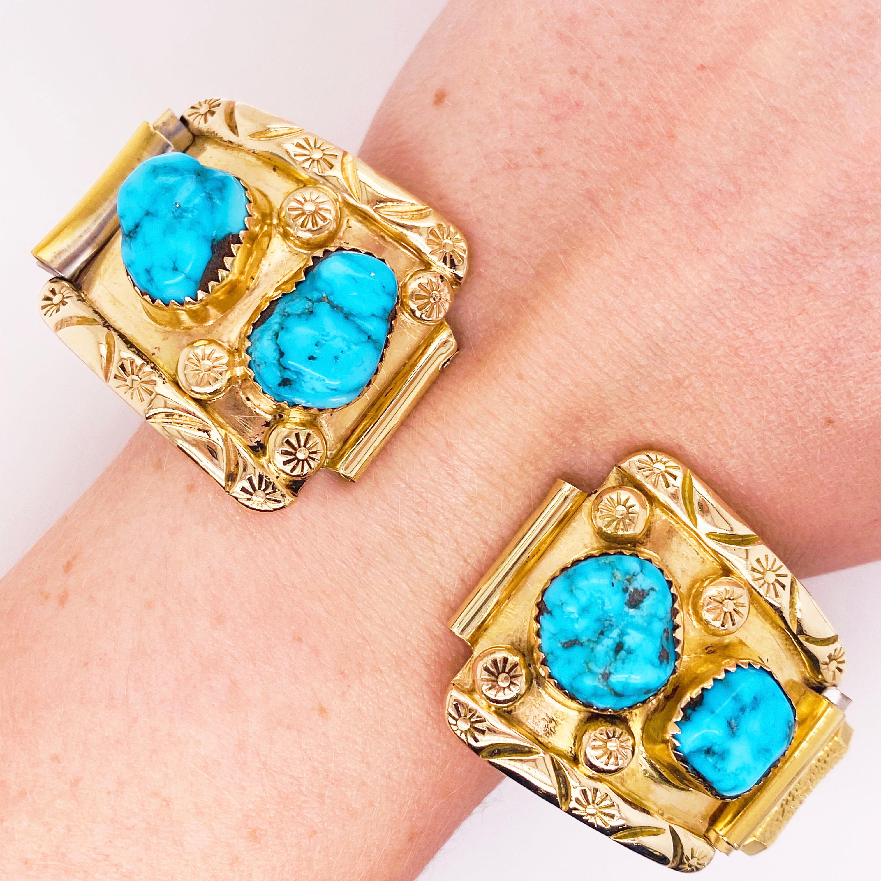 These 14 karat yellow gold watch tips featuring 4 stunning genuine turquoises are the perfect bold accessory, and would make a wonderful addition to any outfit, casual or formal. These watch tips would make the perfect gift for your loved one or