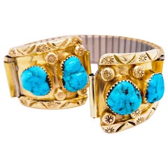 Turquoise Gold Watch Tips, 14 Karat Yellow Gold, Turquoise Nugget in 14k Gold