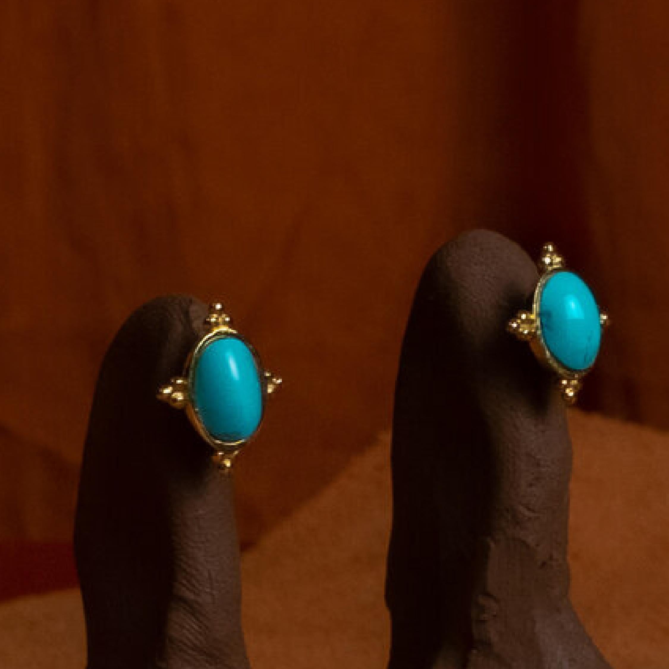 Artist Turquoise Granulated Stud Earrings 18k Yellow Gold with Turquoise Stone For Sale