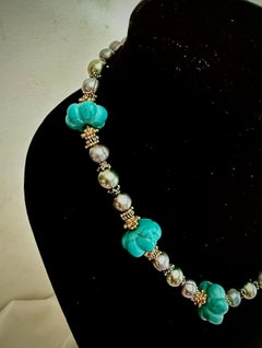 Turquoise, gray cultured pearls, gold vermeil and silver exotic style necklace.