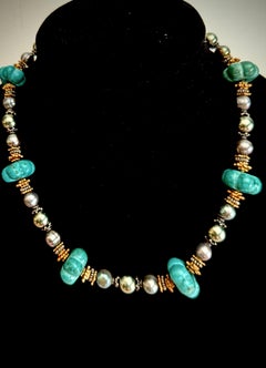 Turquoise, gray cultured pearls, gold vermeil and silver exotic style necklace.