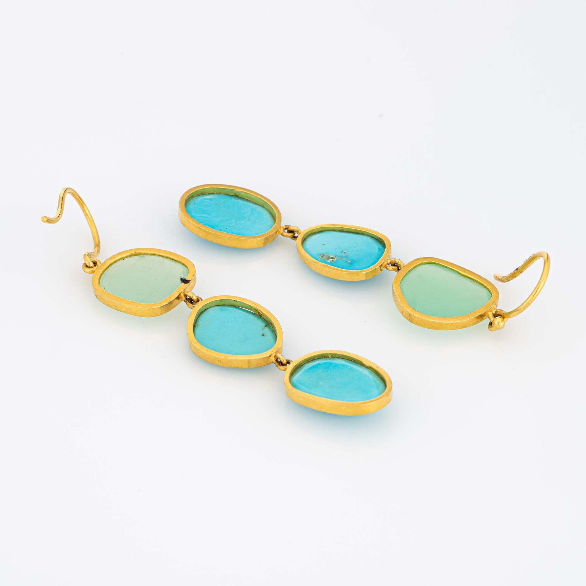 Finely detailed pair of turquoise & green chalcedony drop earrings crafted in 14k yellow gold. 

Turquoise measures 12mm x 10mm (average) and green chalcedony measures 12mm x 11mm. The stones are in very good condition and free of cracks or