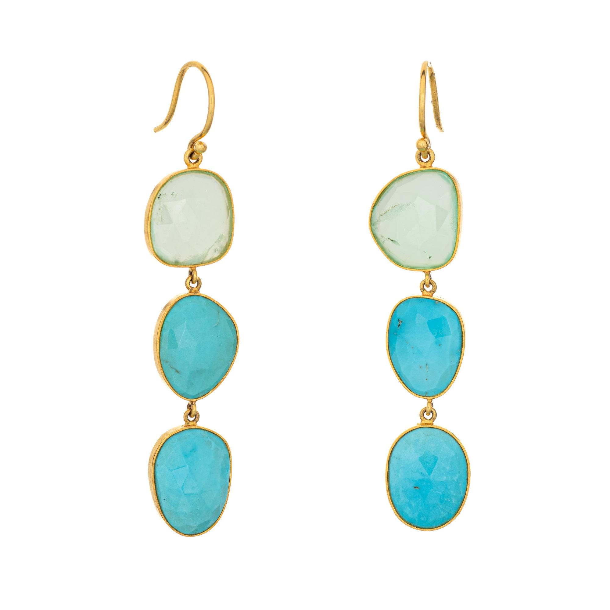 Cabochon Turquoise Green Chalcedony Earrings Estate 14k Yellow Gold 2.25