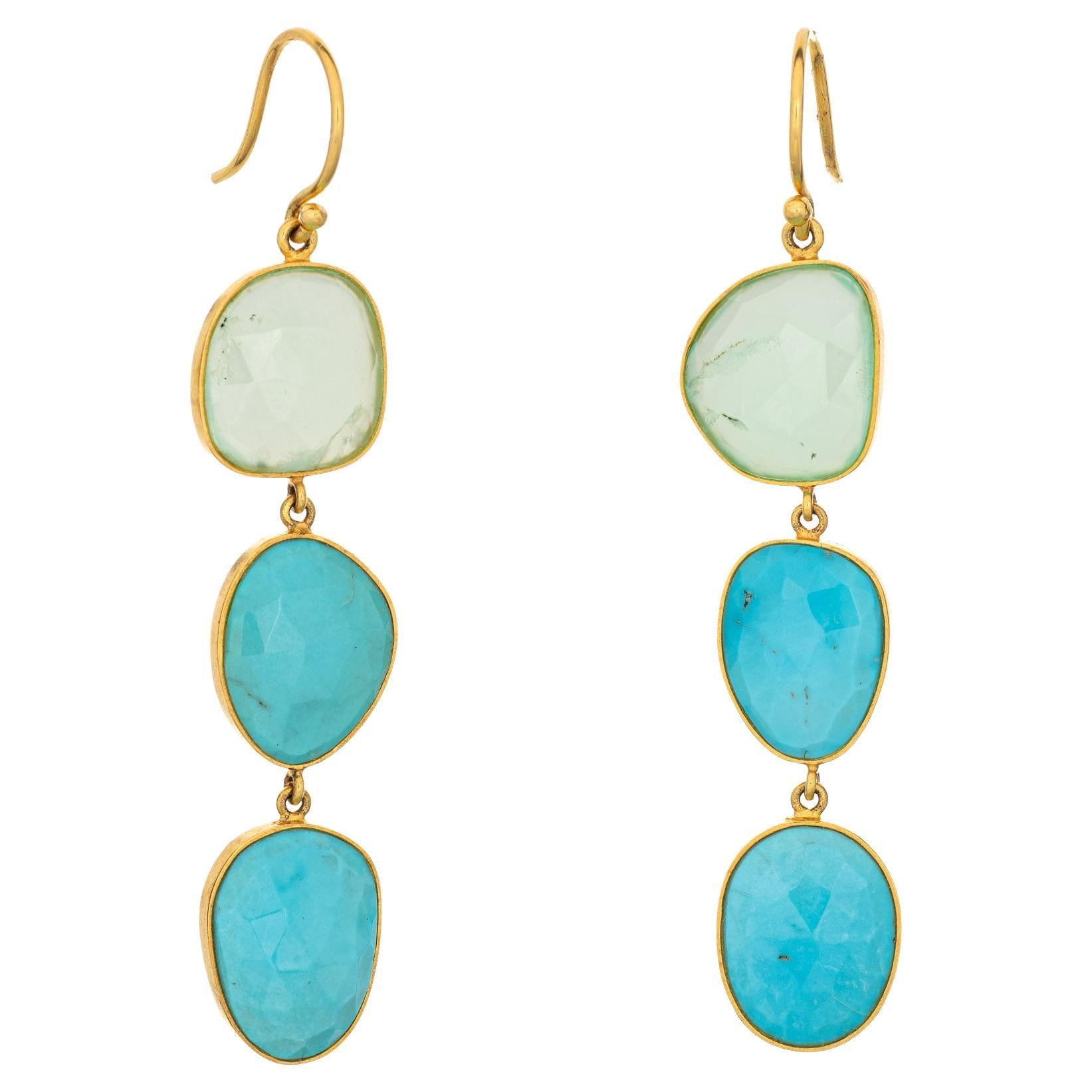 Turquoise Green Chalcedony Earrings Estate 14k Yellow Gold 2.25" Drops Jewelry