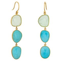 Boucles d'oreilles en or jaune 14k avec calcédoine verte et turquoise, gouttes de 2.25"" Bijouterie