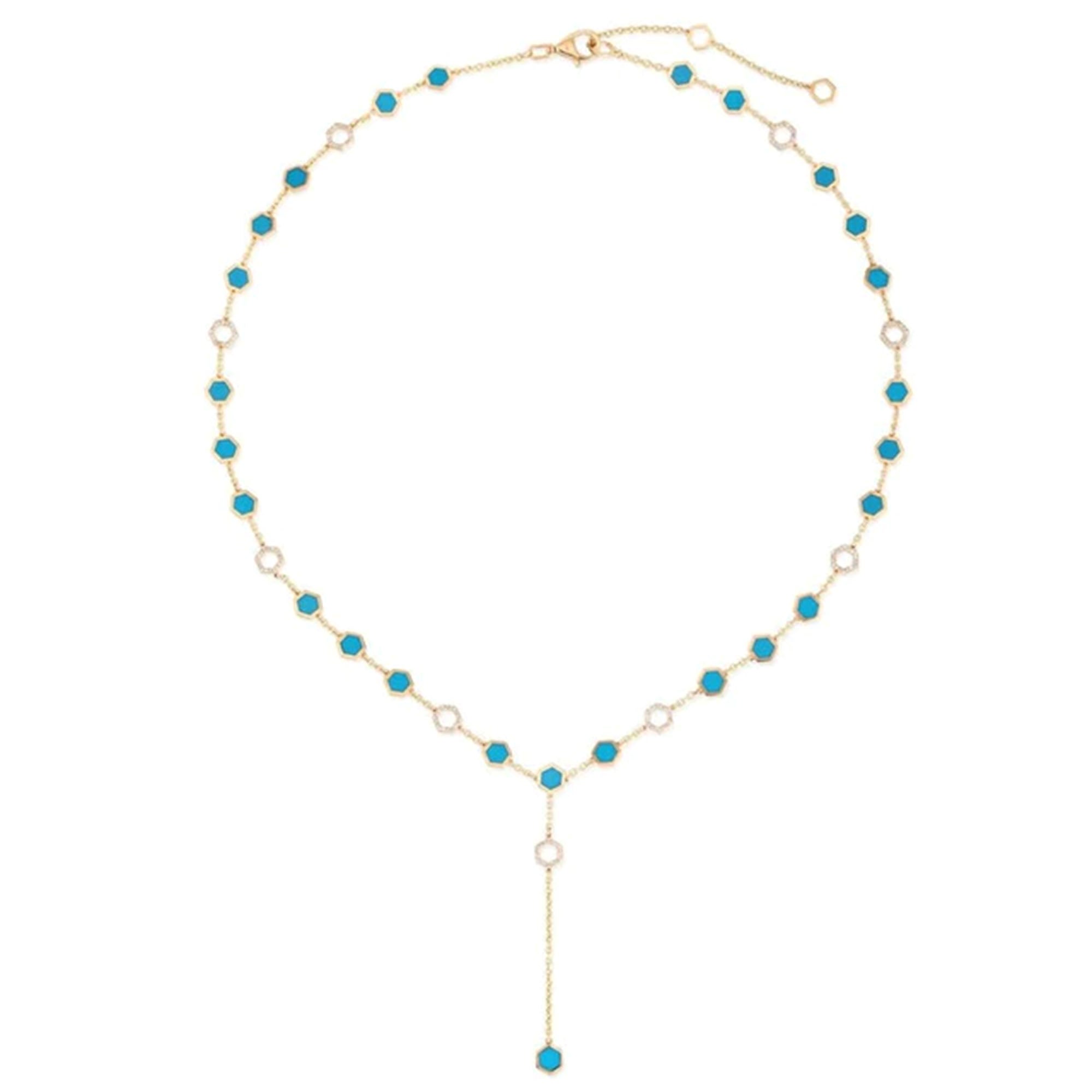 Collier lariat en or jaune 14 carats avec diamants et turquoise (0,75 ct au total)