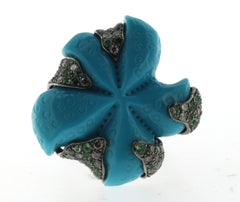 Vintage 37Ct Turquoise Green Garnet and Diamond Cocktail Ring in 14K White Gold