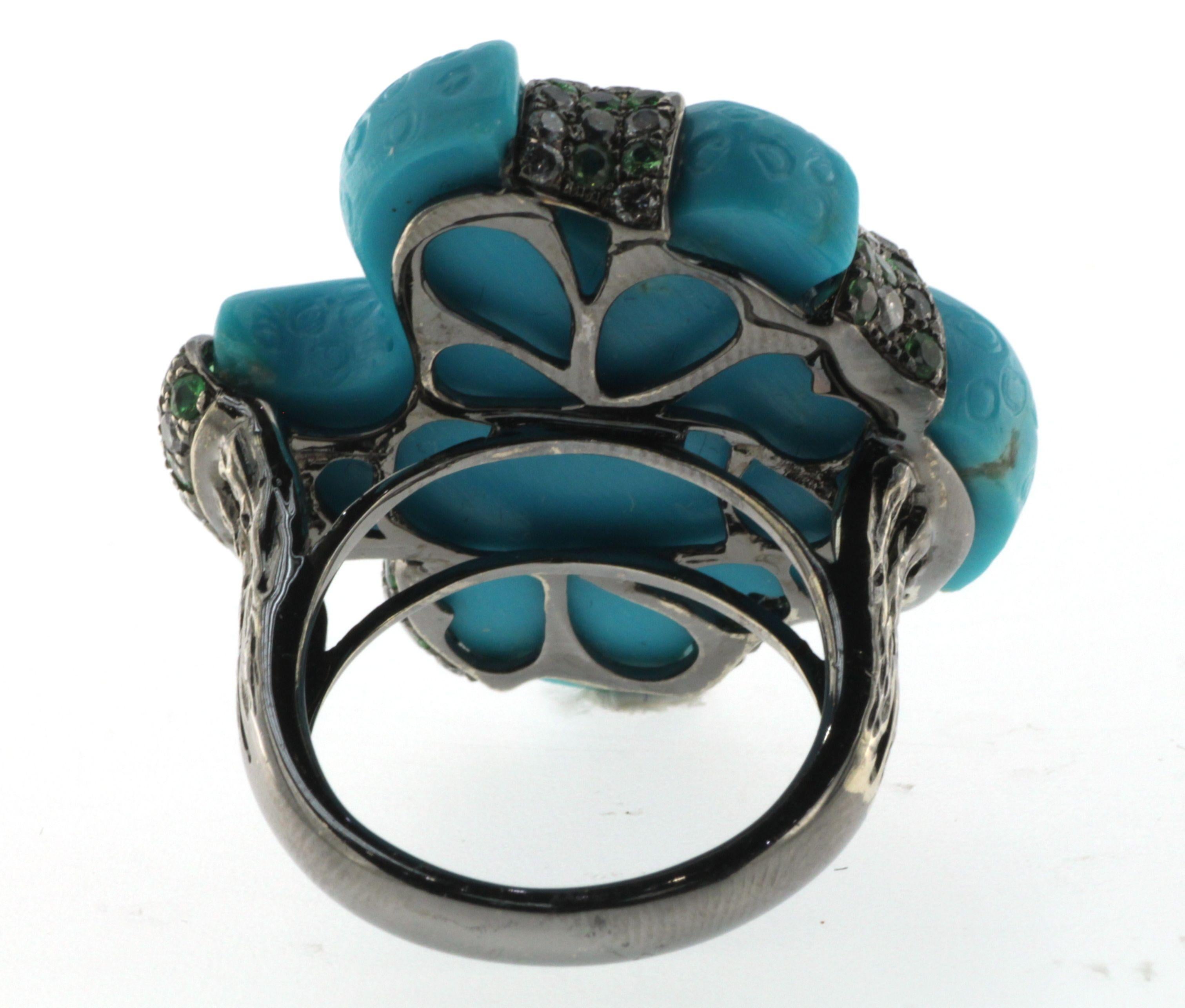 Modernist Vintage 37Ct Turquoise Green Garnet and Diamond Cocktail Ring in 14K White Gold For Sale