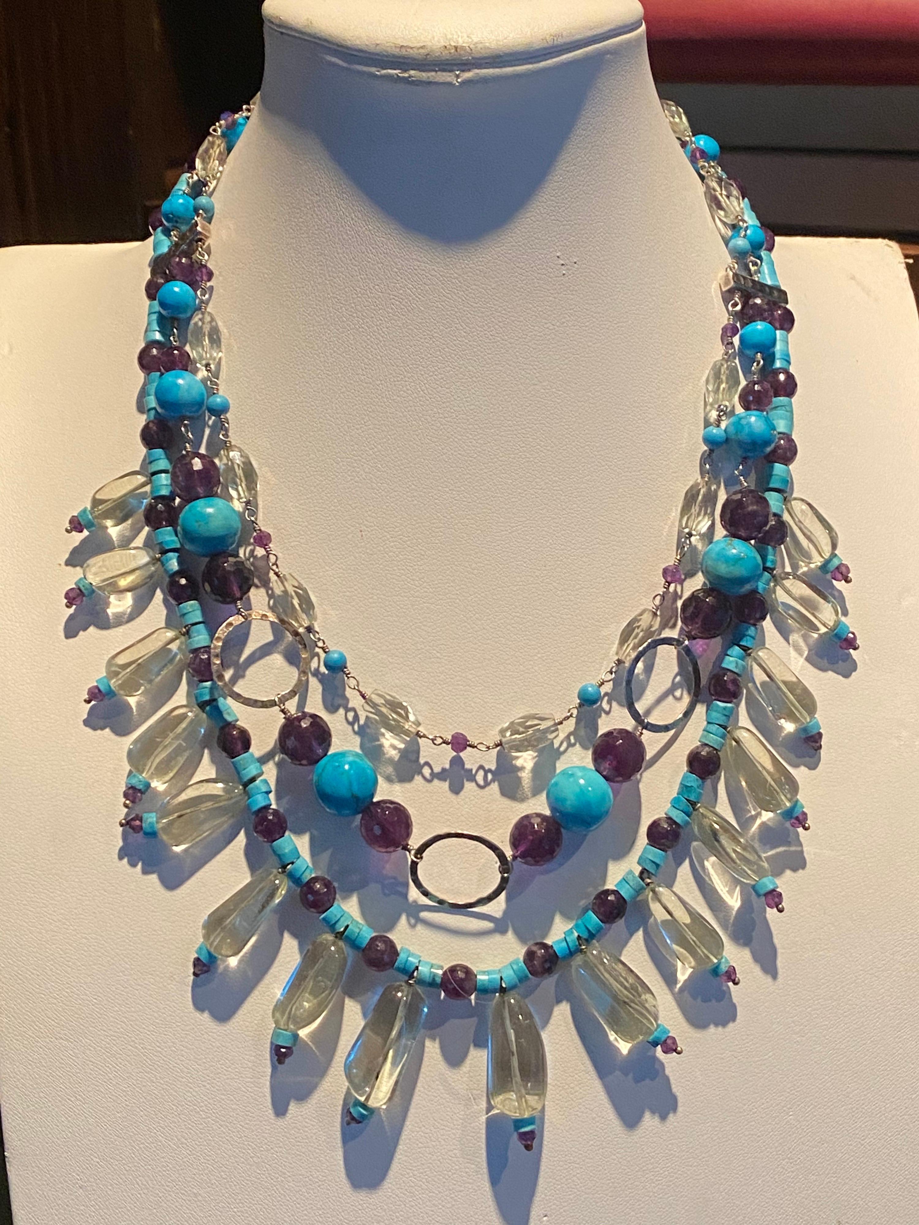 Contemporary Turquoise, Green Quartz, and Amethyst Beads in a Sterling Silver Necklace For Sale