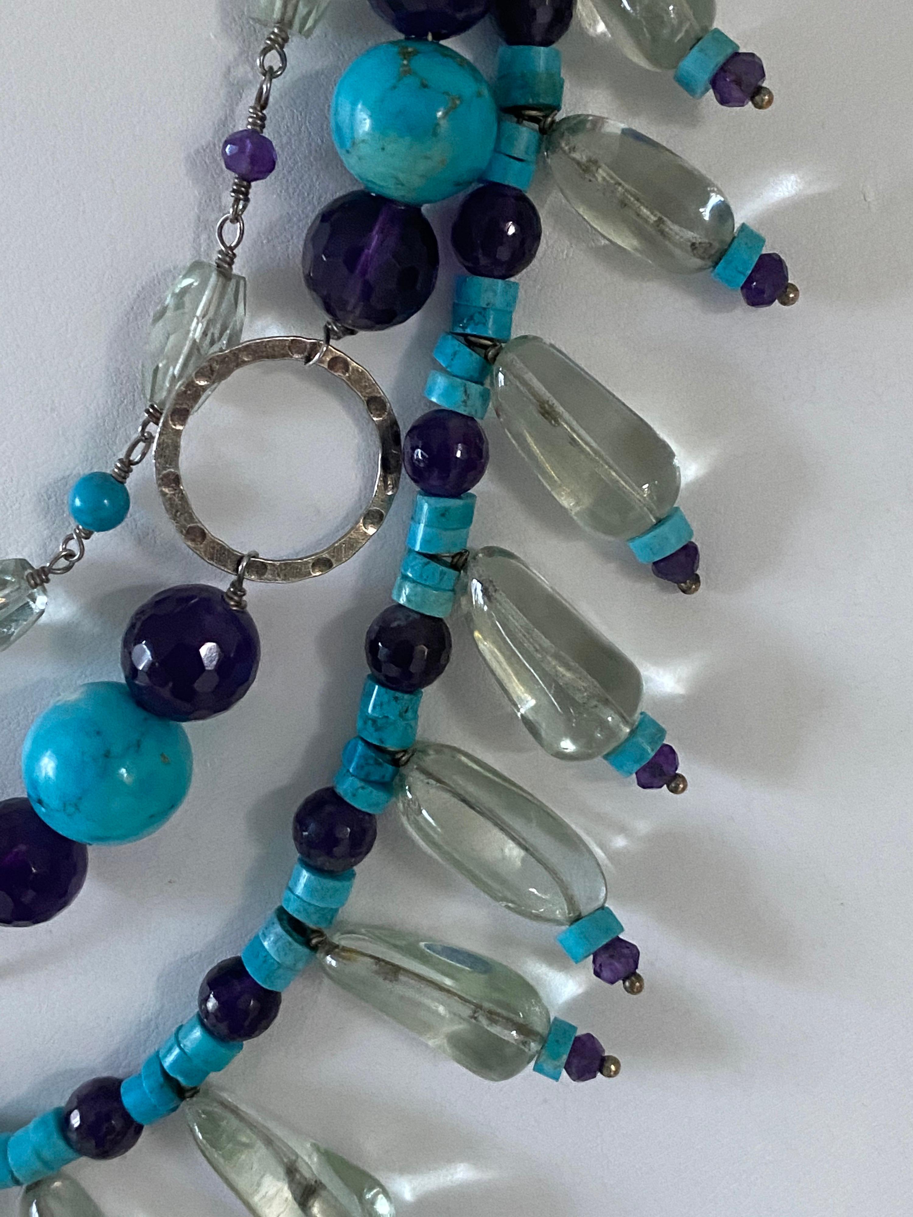 Turquoise, Green Quartz, and Amethyst Beads in a Sterling Silver Necklace In New Condition For Sale In New York, NY