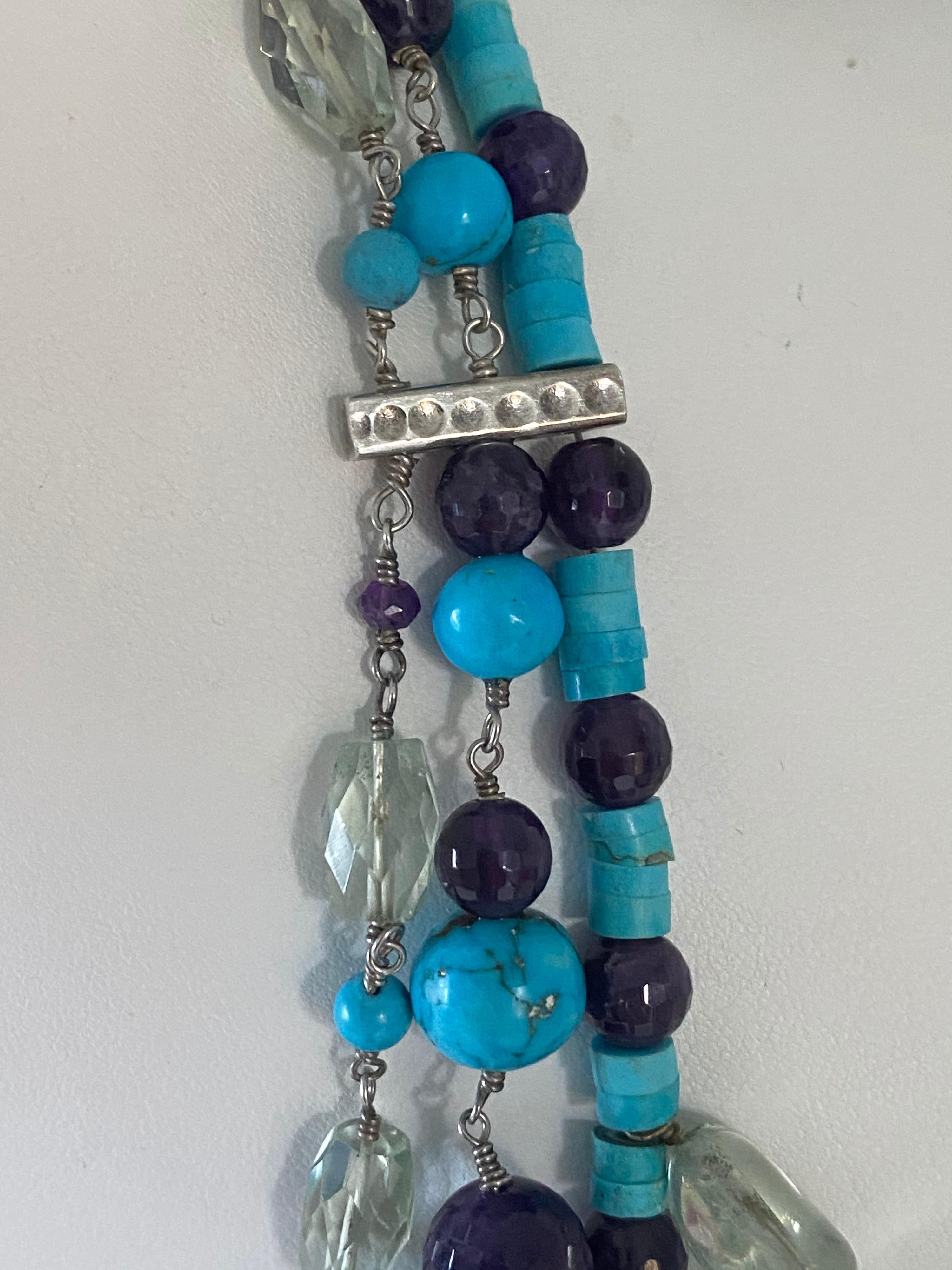 Women's or Men's Turquoise, Green Quartz, and Amethyst Beads in a Sterling Silver Necklace For Sale