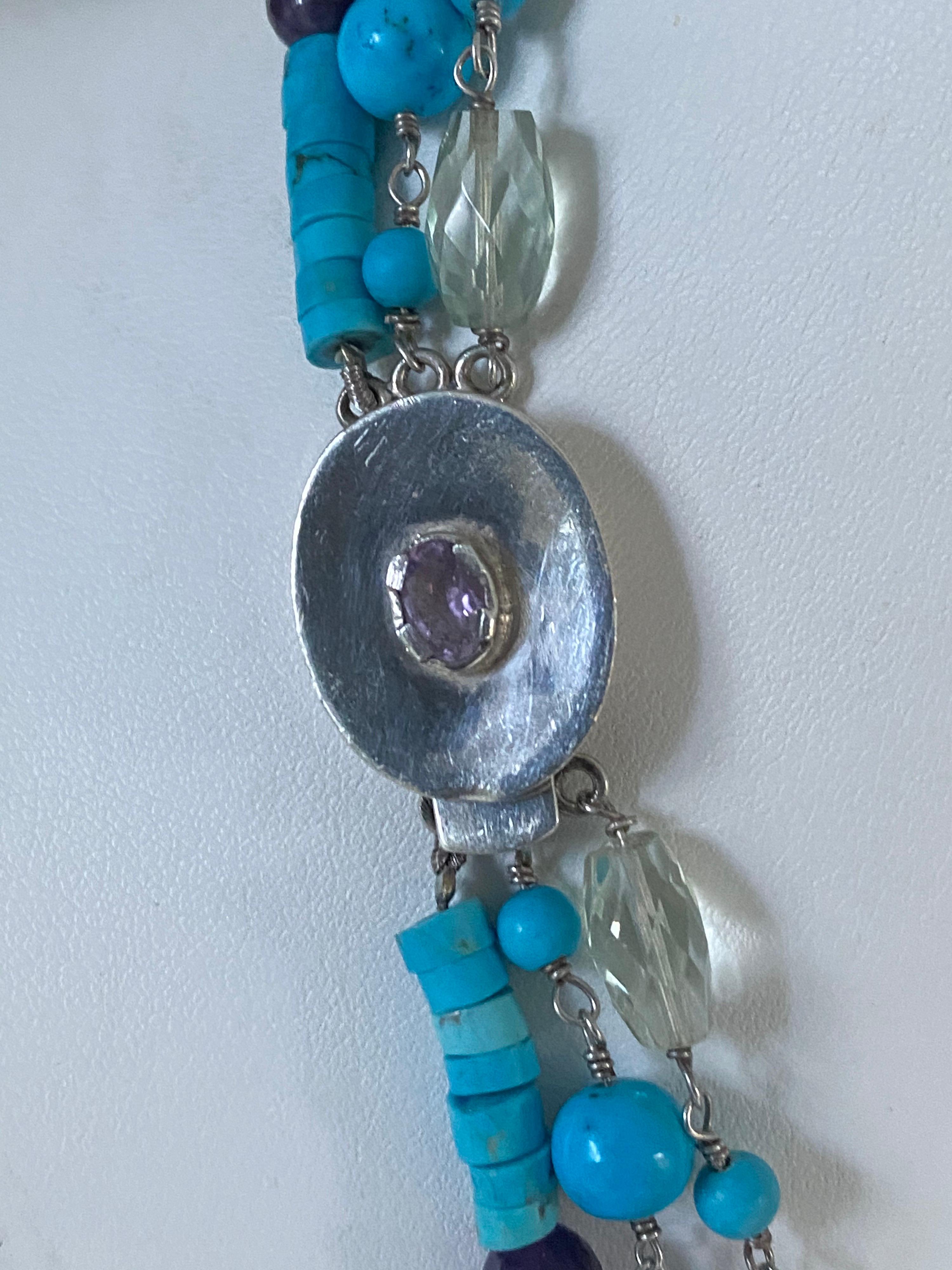 Turquoise, Green Quartz, and Amethyst Beads in a Sterling Silver Necklace For Sale 1