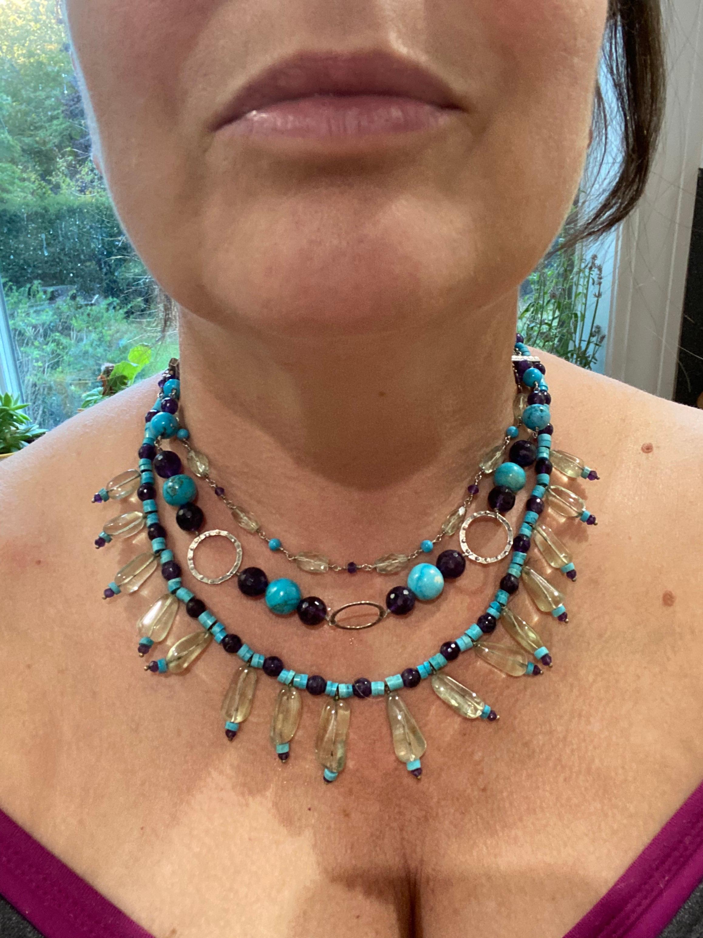 Turquoise, Green Quartz, and Amethyst Beads in a Sterling Silver Necklace For Sale 3