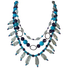 Turquoise, Green Quartz, and Amethyst Beads in a Sterling Silver Necklace