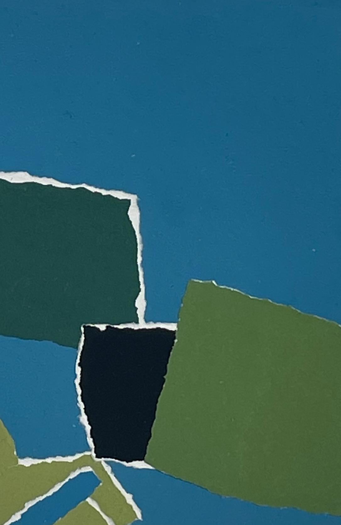 Paper Turquoise, Green, Red Collage By Isabelle Bouteillet, France, Contemporary For Sale