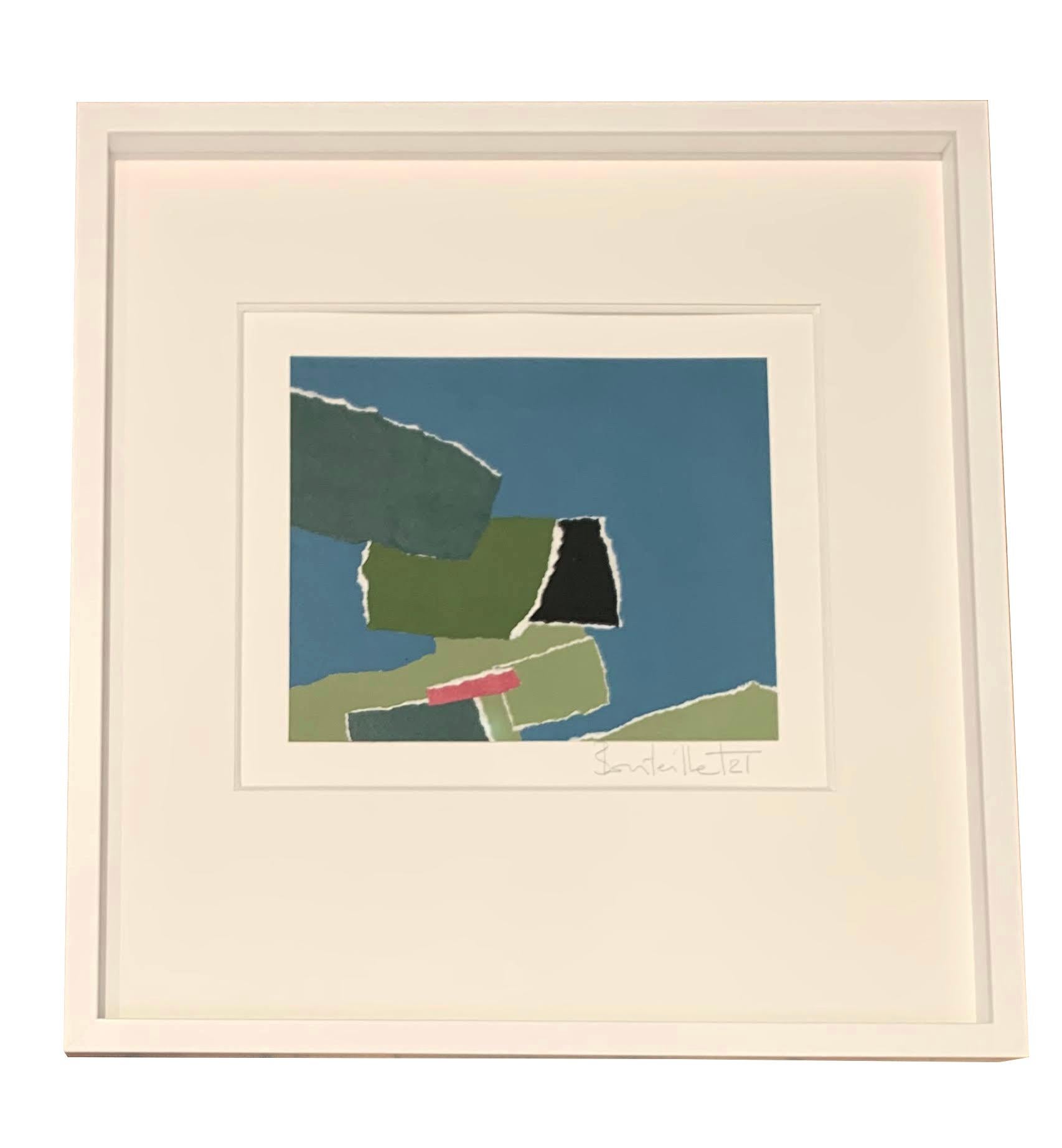 Isabelle Bouteillet ist eine autodidaktische französische Künstlerin, die hauptsächlich Collagen erstellt 
unter Verwendung von Mischmaterialien wie Acryl, Gouache und zerrissenem Papier.
Die Farben sind Türkis, Grün, Rot und Schwarz.
Signiert vom