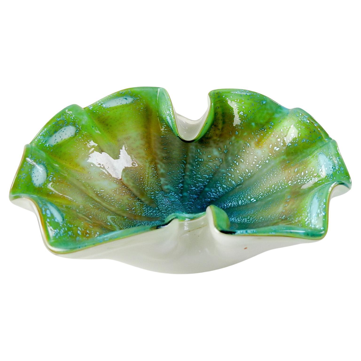 Turquoise & Green Ruffle Murano Glass Bowl For Sale