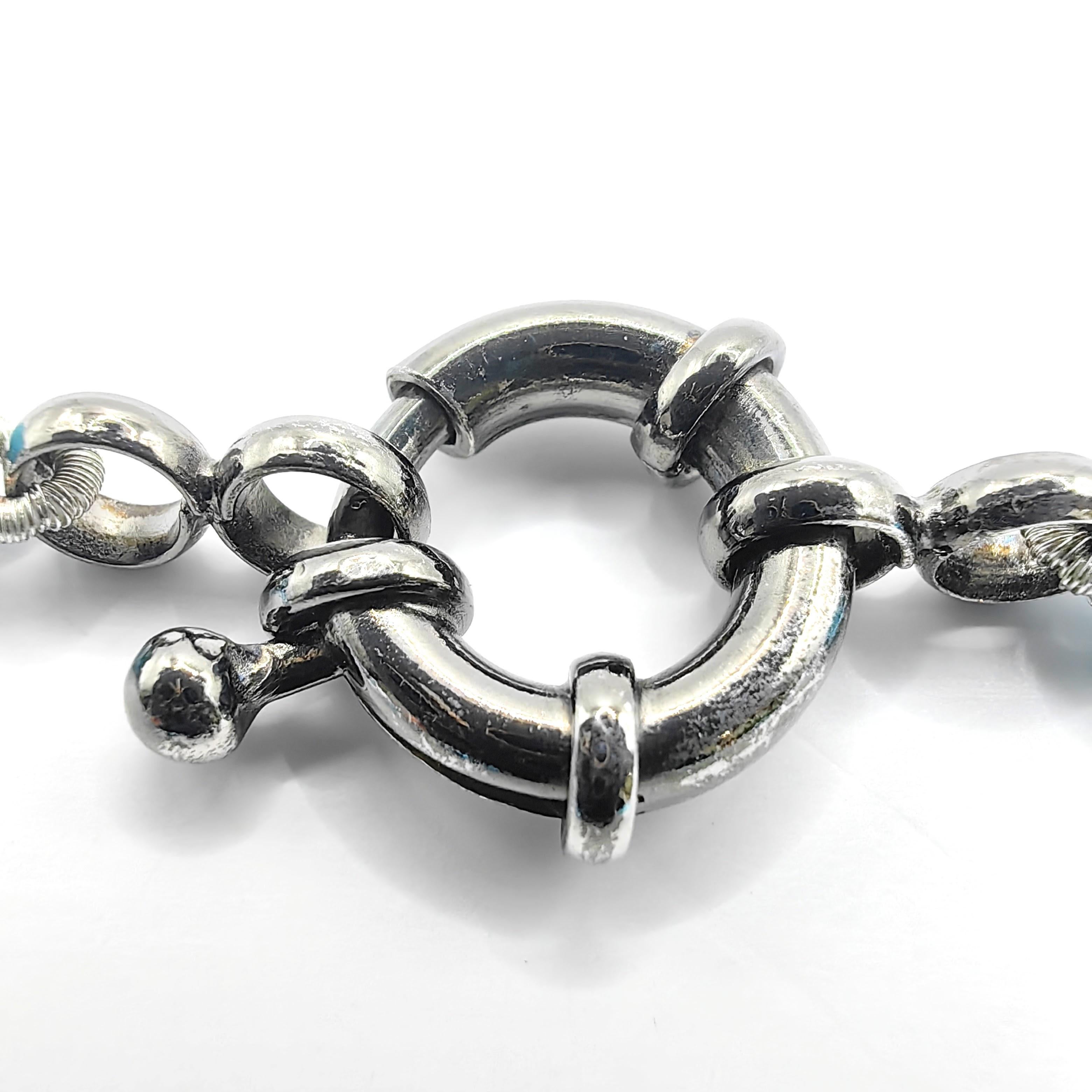 Round Cut Turquoise, Grey Hematite, Grey Pearl & White Sapphire Beaded Necklace in Silver
