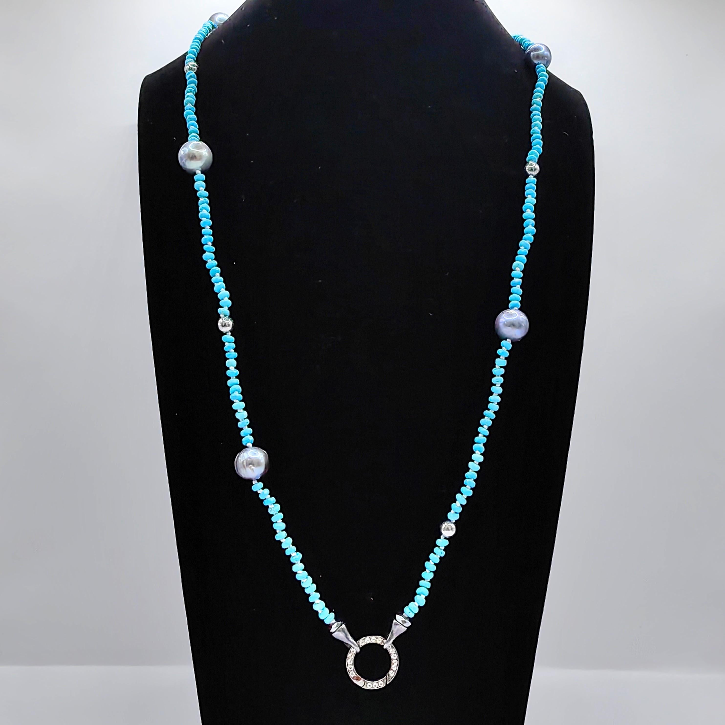 Turquoise, Grey Hematite, Grey Pearl & White Sapphire Beaded Necklace in Silver In New Condition In Wan Chai District, HK