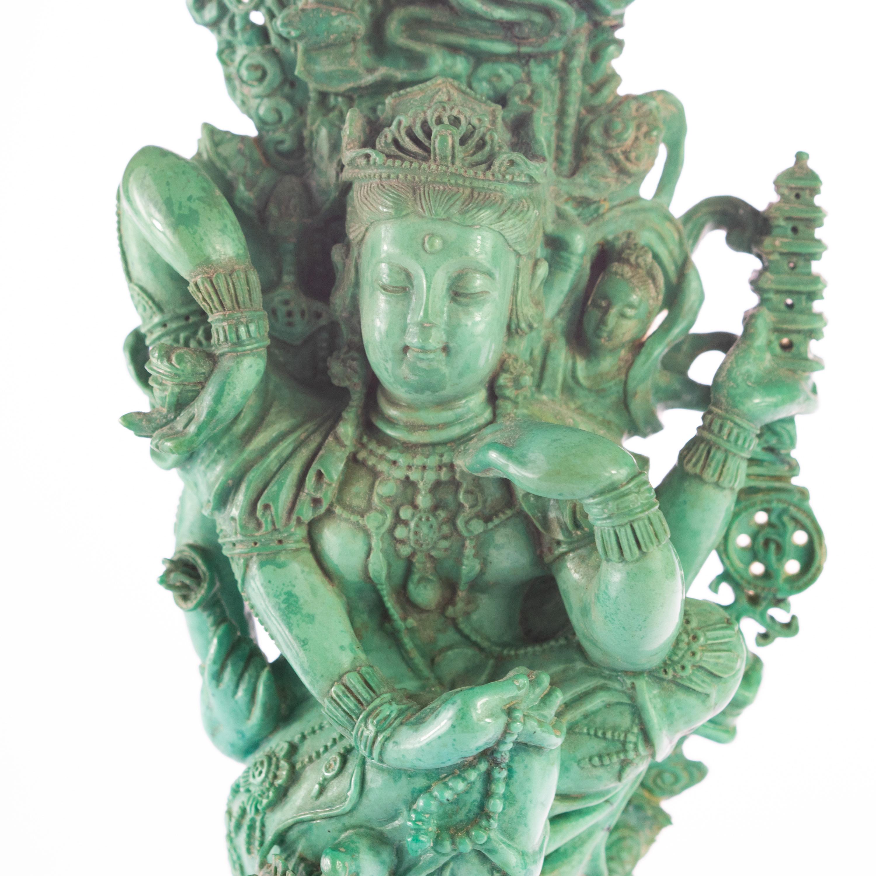 Late 20th Century Turquoise Guanyin Bodhisattva Female Buddha Asian Art Carved Statue Sculpture For Sale
