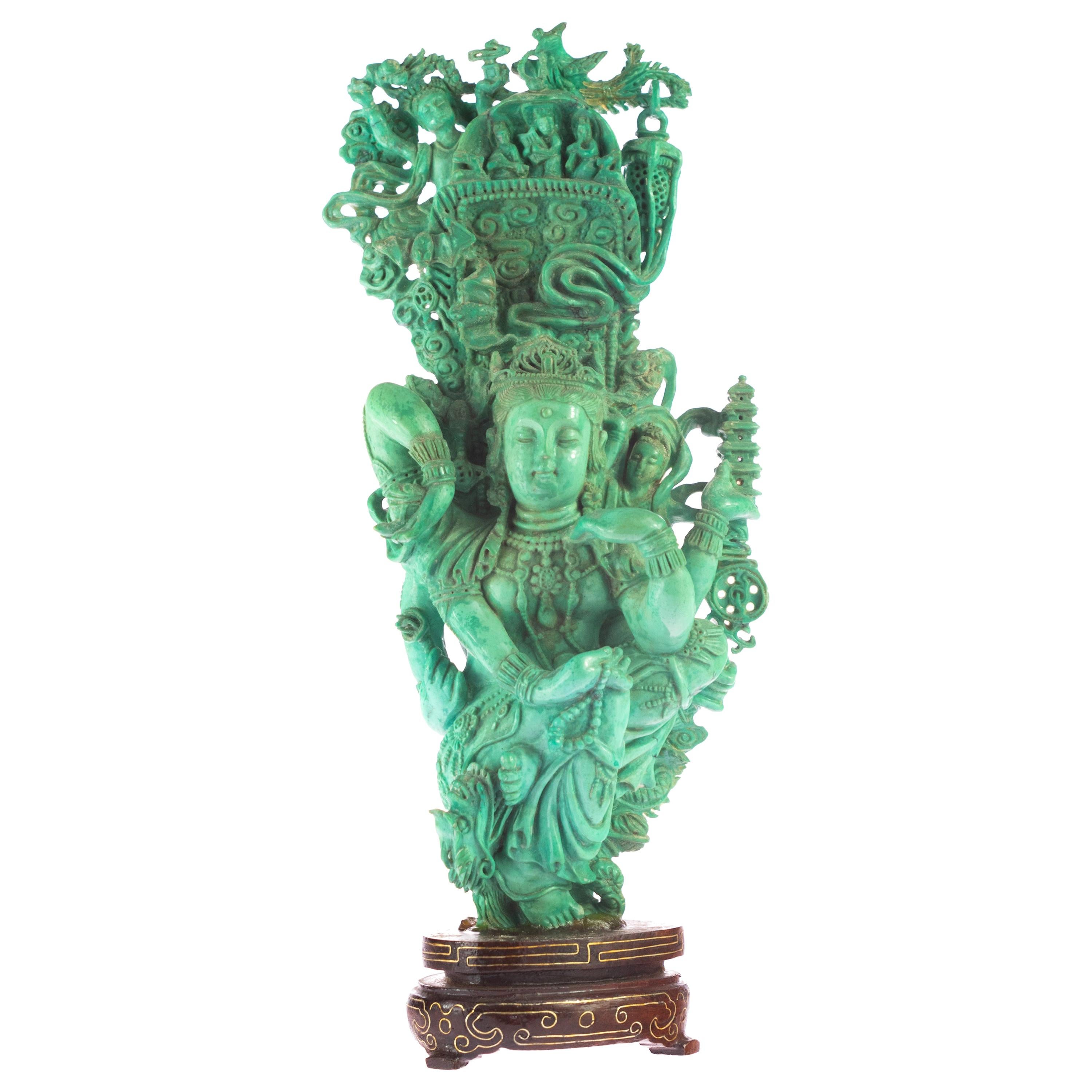 Turquoise Guanyin Bodhisattva Female Buddha Asian Art Carved Statue Sculpture