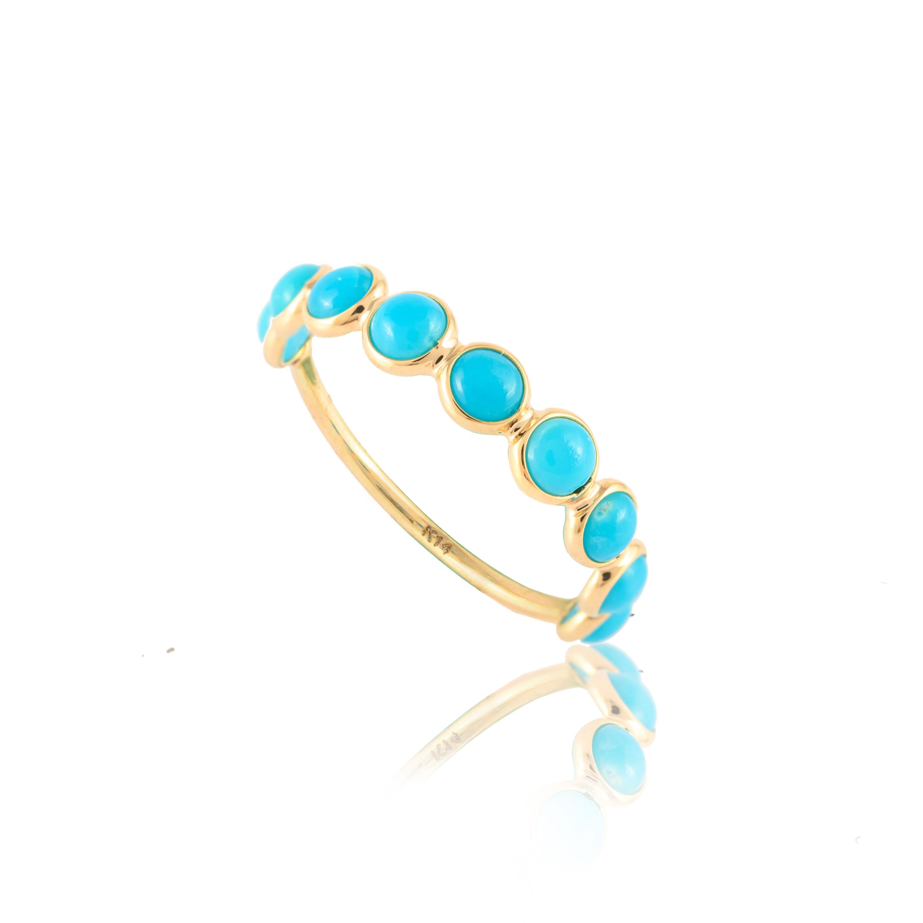 For Sale:  Dainty Round Turquoise Half Eternity Stackable Band Ring 14k Solid Yellow Gold 11