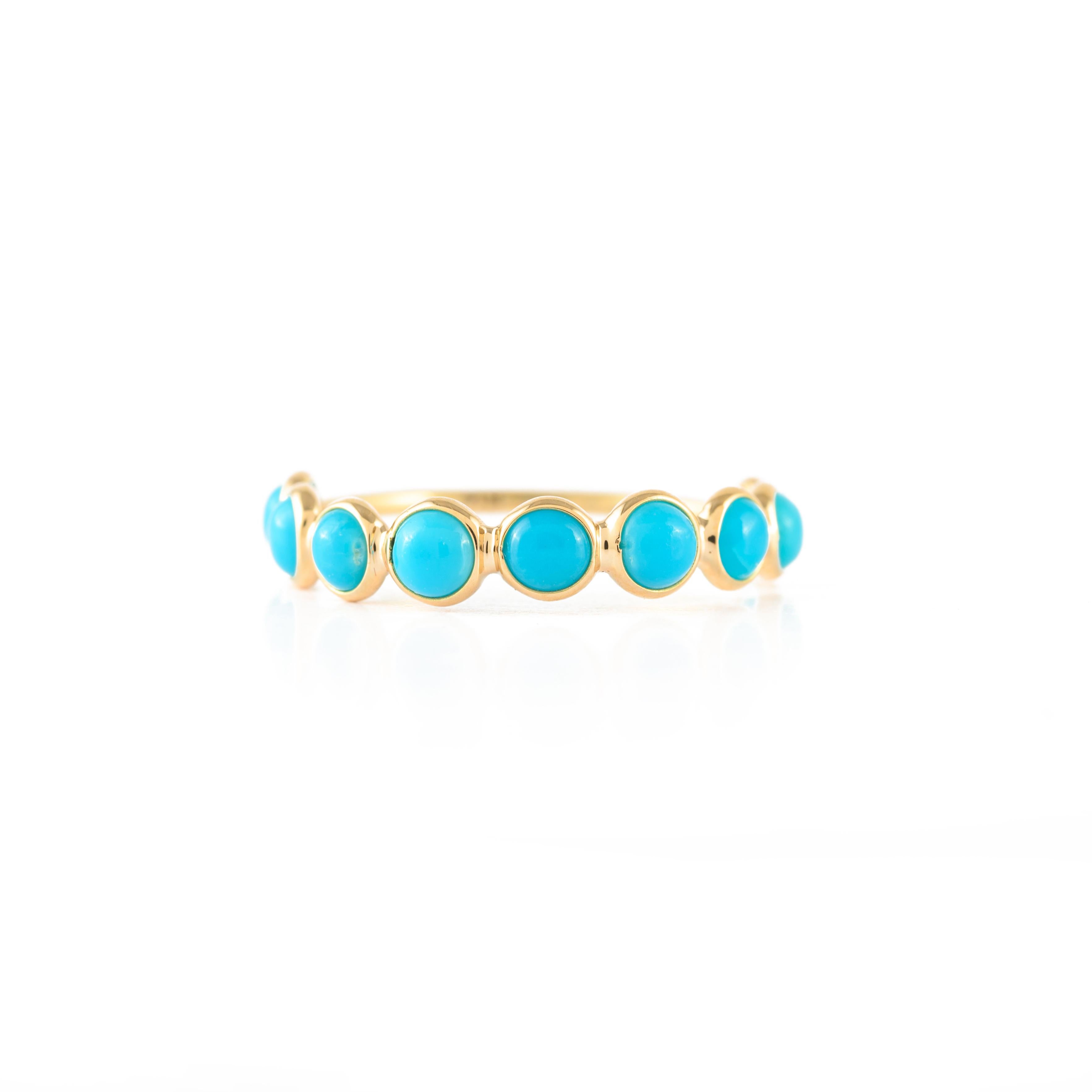 For Sale:  Dainty Round Turquoise Half Eternity Stackable Band Ring 14k Solid Yellow Gold 3