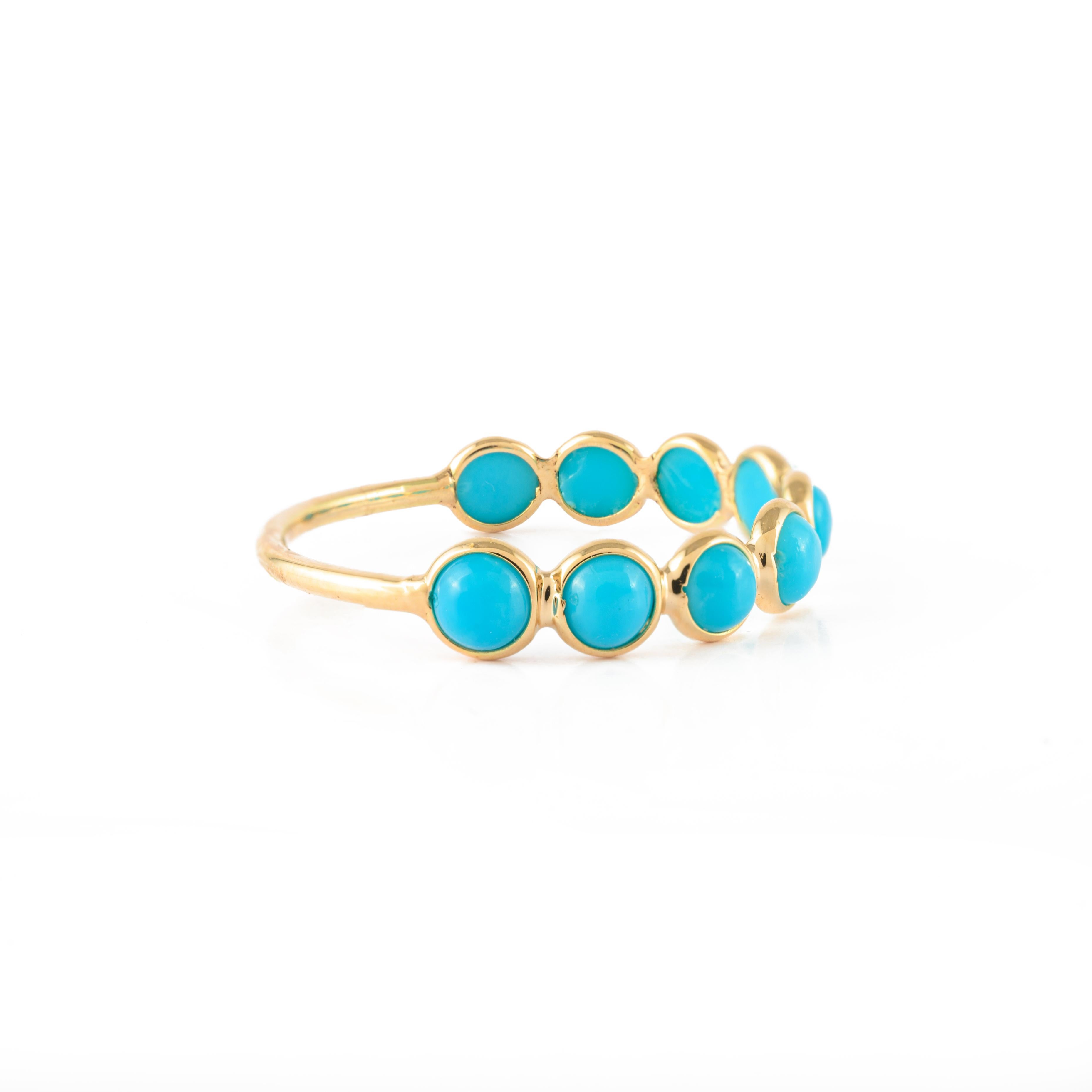 For Sale:  Dainty Round Turquoise Half Eternity Stackable Band Ring 14k Solid Yellow Gold 6