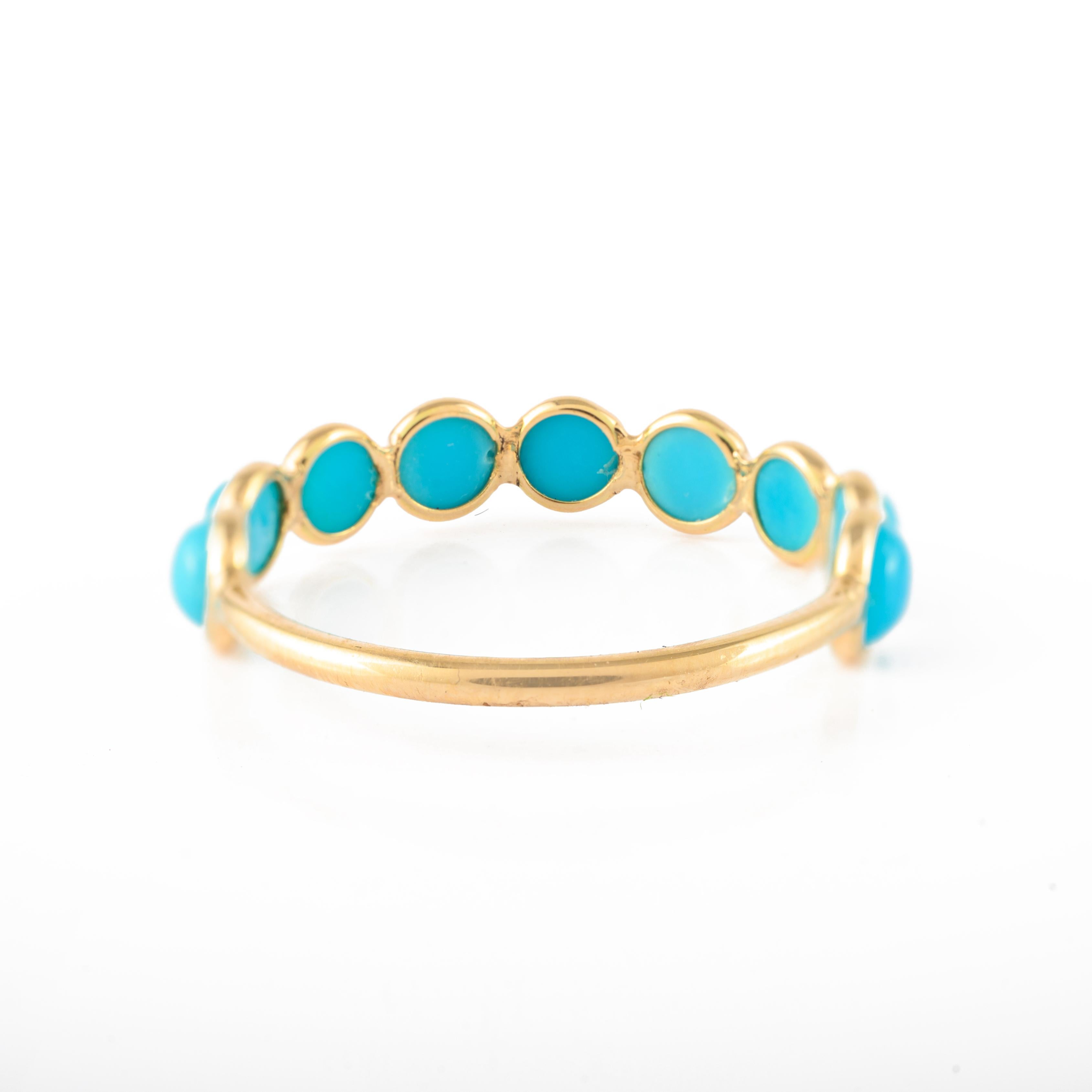 For Sale:  Dainty Round Turquoise Half Eternity Stackable Band Ring 14k Solid Yellow Gold 9