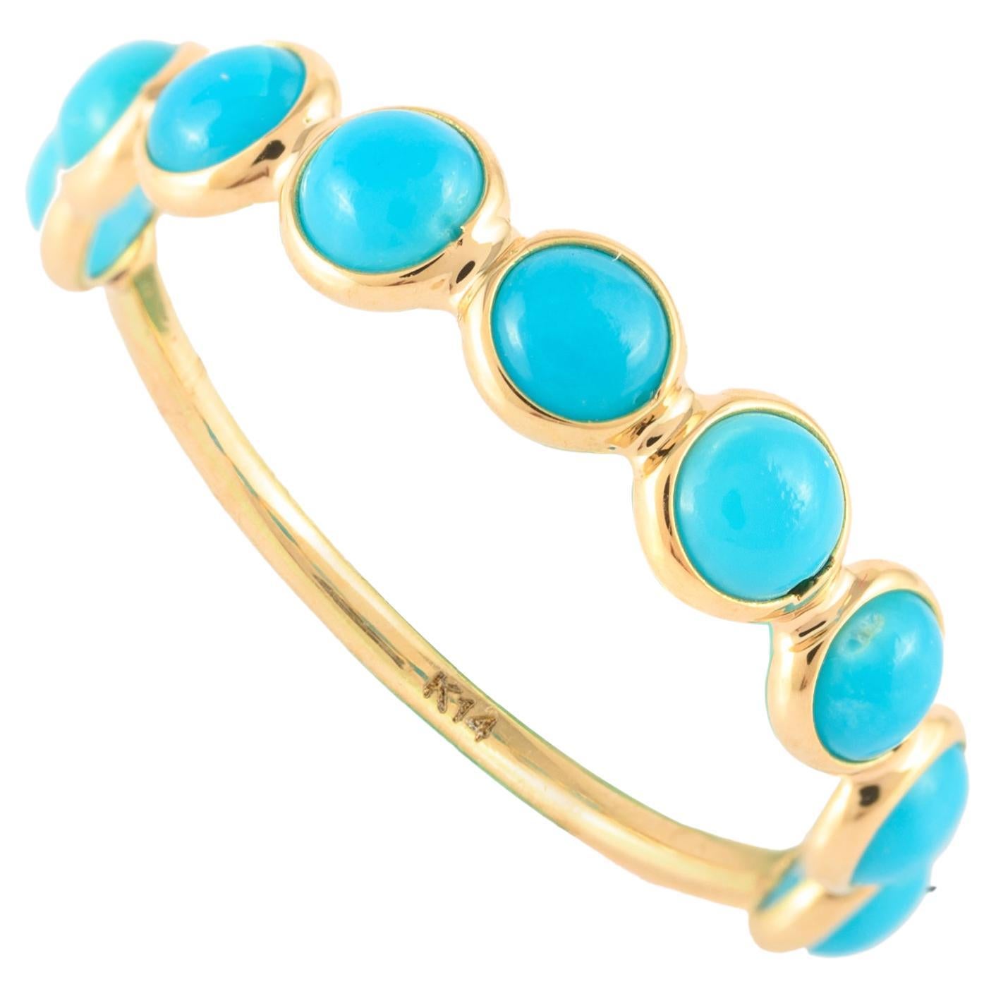 For Sale:  Dainty Round Turquoise Half Eternity Stackable Band Ring 14k Solid Yellow Gold