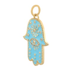 Turquoise Hamsa Hand Charm Diamond 14 Karat Gold Enamel Pendant Necklace