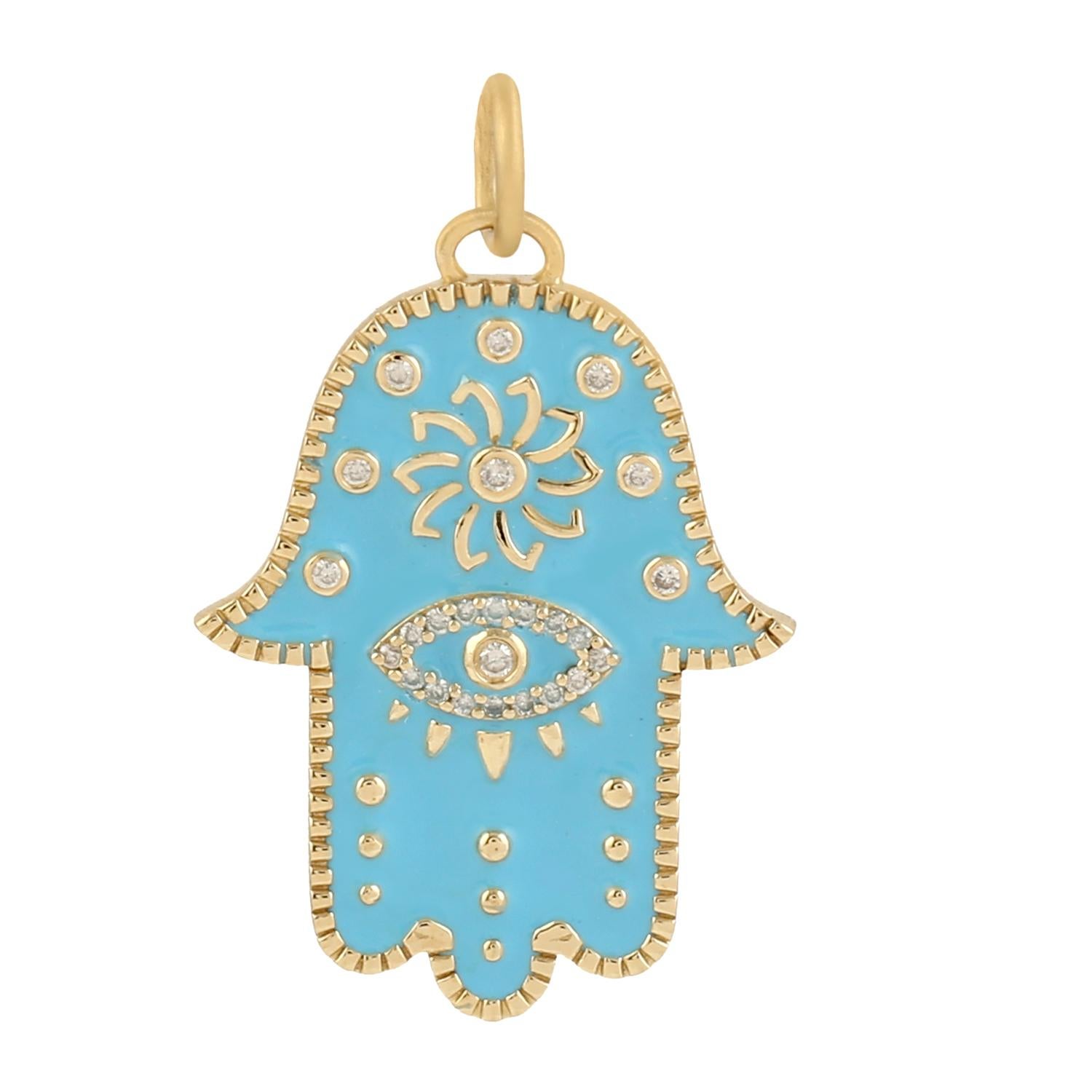 Artisan Hamsa Diamond 14 Karat Gold Turquoise Enamel Charm Pendant Necklace For Sale