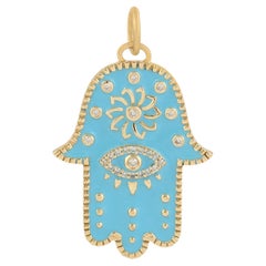 Turquoise Hamsa Hand Charm Diamond 14 Karat Gold Enamel Pendant Necklace