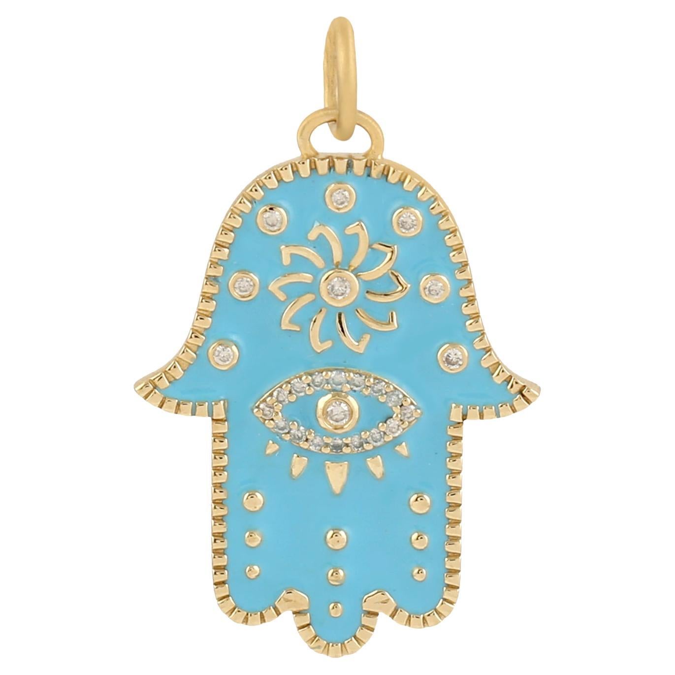 Hamsa Diamond 14 Karat Gold Turquoise Enamel Charm Pendant Necklace For Sale